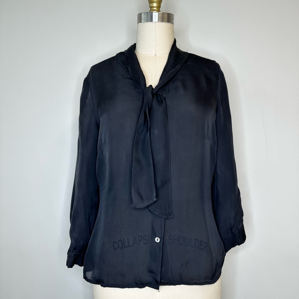 Ann Taylor Black Silk Pussy Bow 3/4 Sleeve Blouse